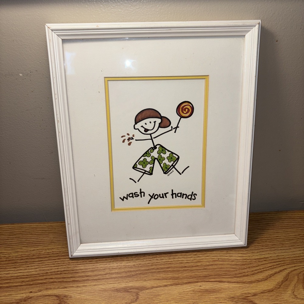 Framed Bathroom Etiquette Stick Figure " Wash Your Hands Print  by Donna 12 X 10